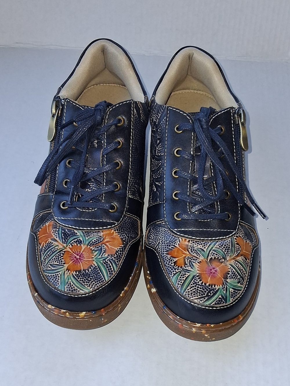 Spring Step Navy Floral Embossed Lace-Up Women's Sneakers